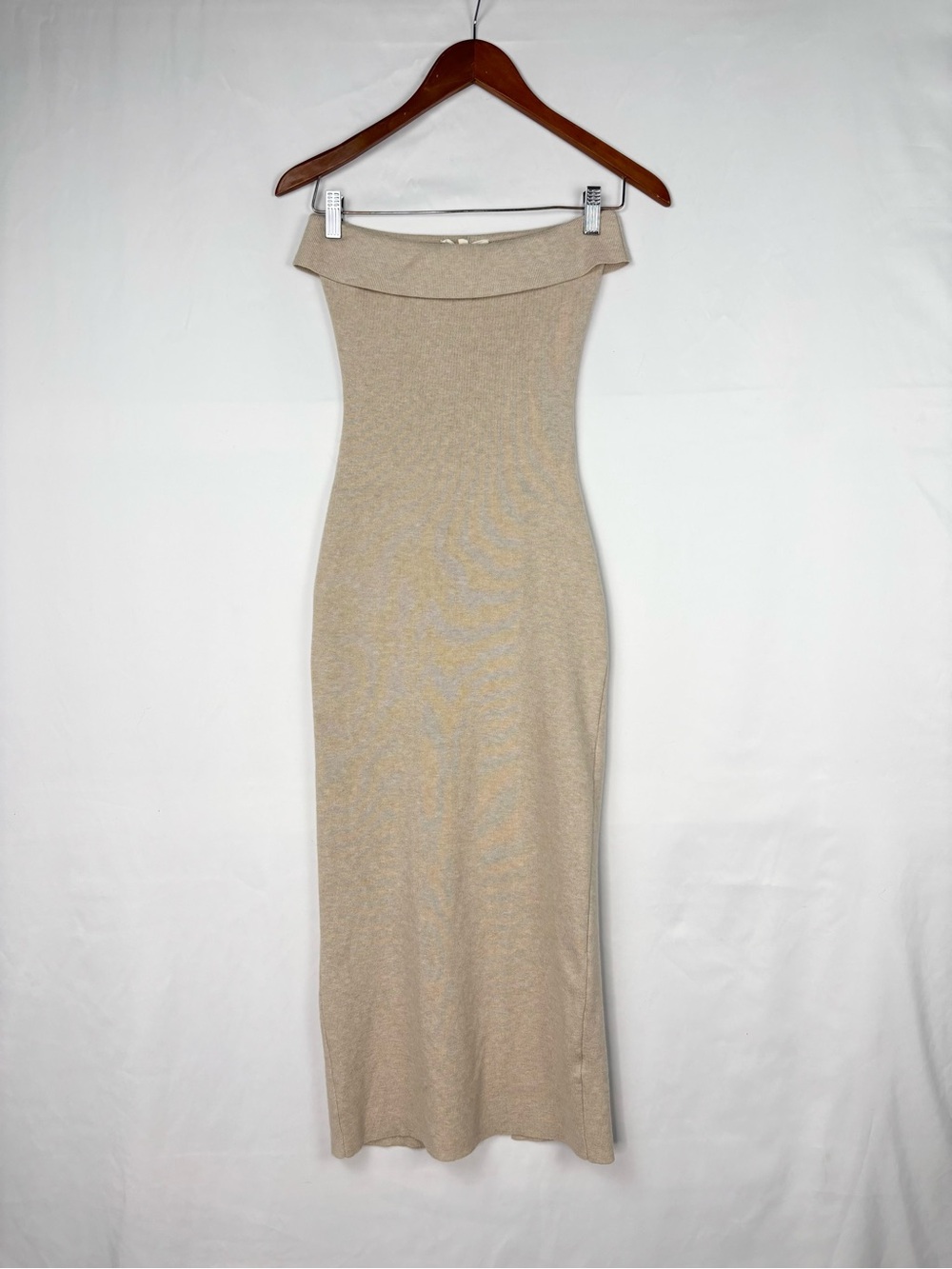 Et Clet‎ Knit Strapless Midi Dress Stretch Slit Size S Tan Foldover